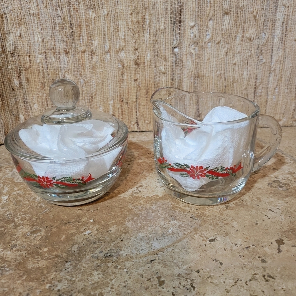 Anchor Hocking Noel Poinsettia & Ribbons Vtg Holiday Sugar And Creamer Set